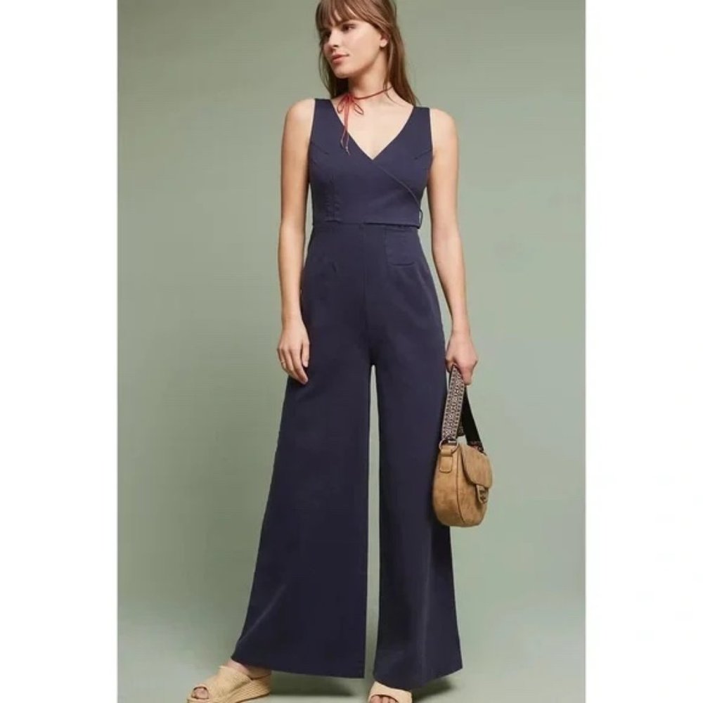 Anthropologie Chino Jumpsuit Navy Blue Wrap Tie Sleeveless size 10